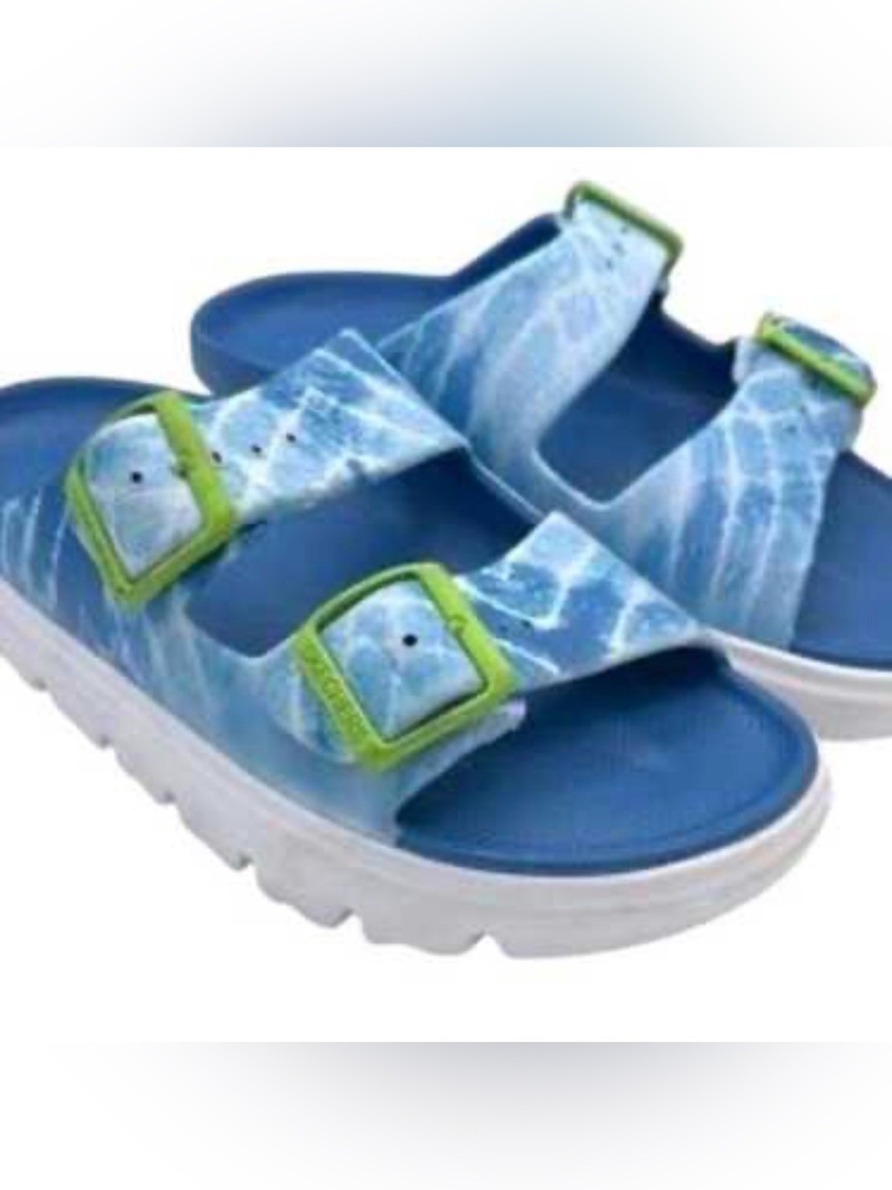Sketchers Foamies Footsteps Blue Slide Sandals with Green Buckles Sz 11